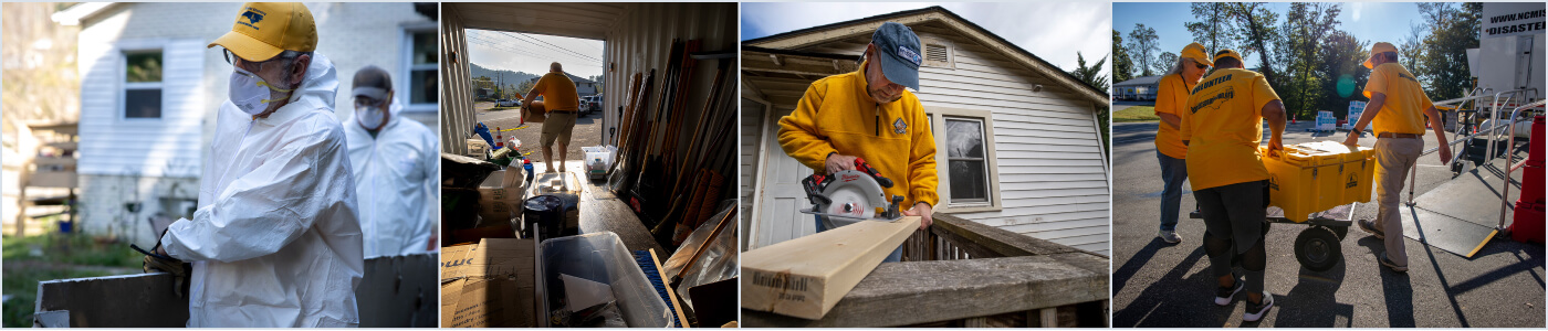 Disaster relief volunteers carrying supplies and sawing lumber to help rebuild during the hurricane relief efforts.